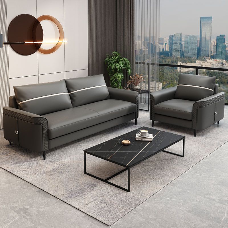 Modern Faux Leather Sofa Single Cushion Loose Back Sofa in Grey