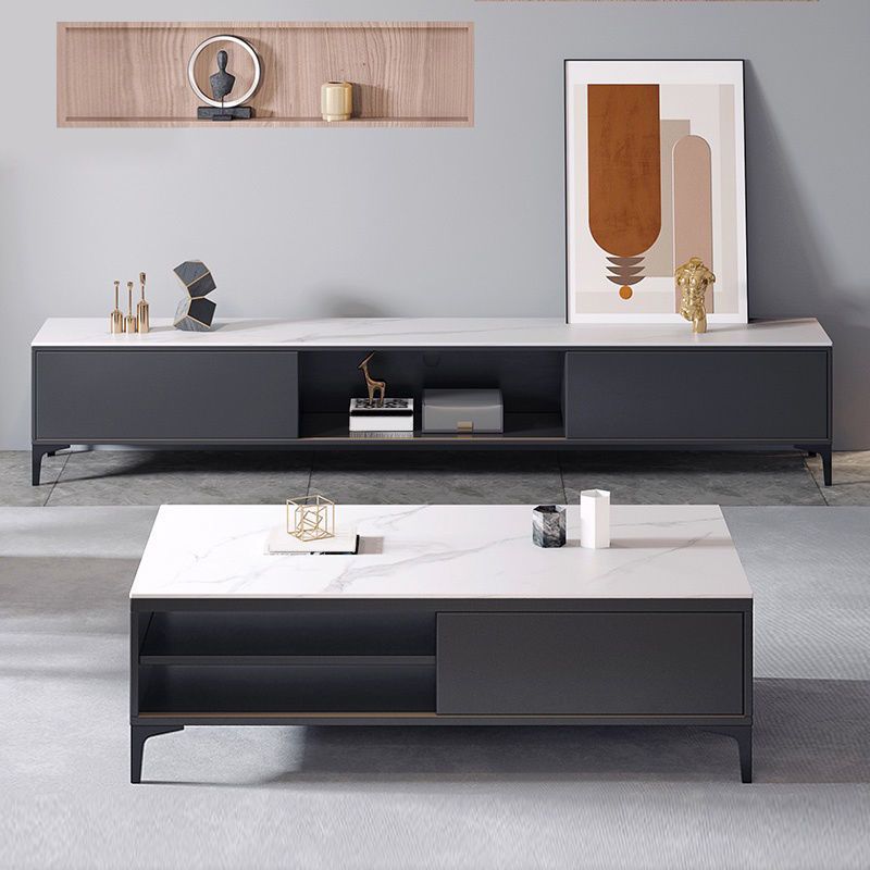 Console de télévision de rangement ouvert et noir en ardoise avec 2 portes