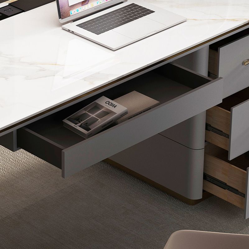 Bureau de bureau en pierre moderne bureau de tâche de forme rectangulaire avec 4 dessins en blanc