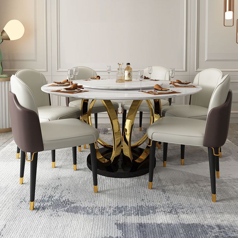 Contemporary Round Turntable Faux Leather Dining Set Stone 1/4/7 Pieces Dining Furniture Clearhalo 'Dining Room Sets' 'Dining Tables & Seating' 'dining_room_set' 'furn' 'furn_dining_room_set' 'Furniture' 'Kitchen & Dining Furniture' 1200x1200_83275ce3-3211-47e2-8d6d-27b7dbae2722