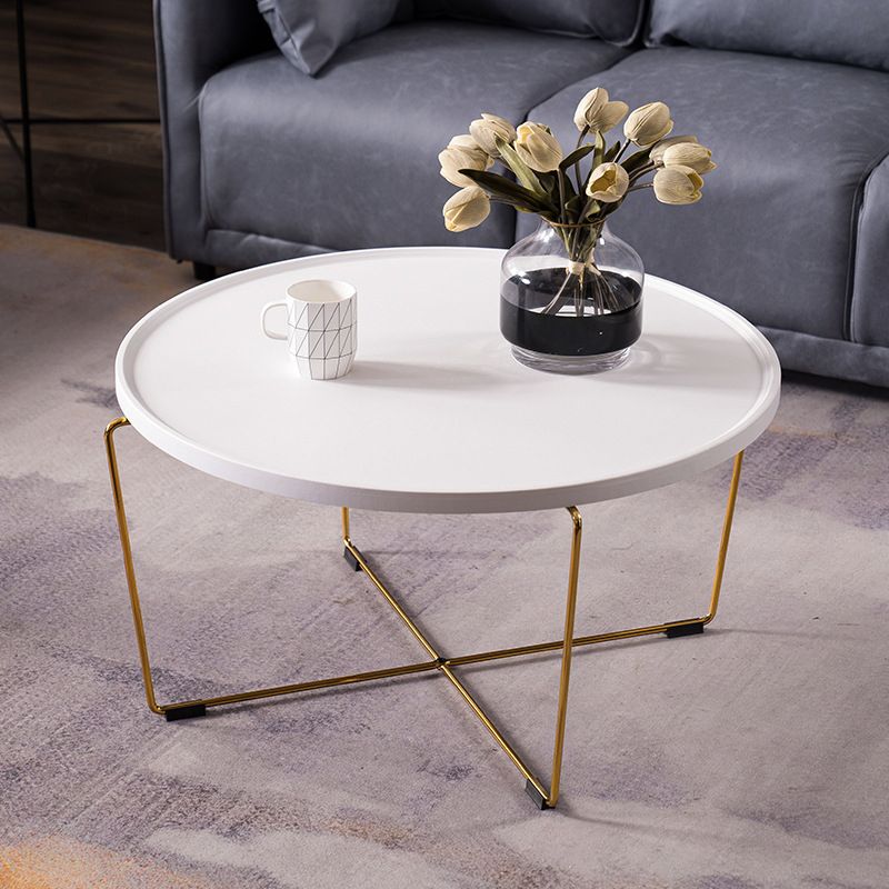 Cross Leg Base Design White/grey Faux Wood Top Metal Iron Round Coffee Table Clearhalo 'Coffee & Accent Tables' 'Coffee Tables' 'coffee_tables' 'furn' 'furn_coffee_tables' 'Furniture' 'Living Room Furniture' 1200x1200_83285efe-d0ce-453b-82ba-1b75e697438f