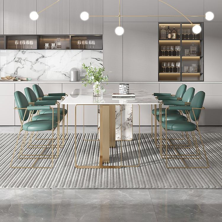 Contemporary Style Sintered Stone Dining Table with White Fixed Table and Double Pedestal Base Clearhalo 'Dining Room Sets' 'Dining Tables & Seating' 'dining_room_set' 'furn' 'furn_dining_room_set' 'Furniture' 'furniture_dining_room_set' 'Kitchen & Dining Furniture' 'kitchen&dining_furn' 'kitchen' 1200x1200_833c3111-f643-45dd-8e30-4a57e0cb3e1b