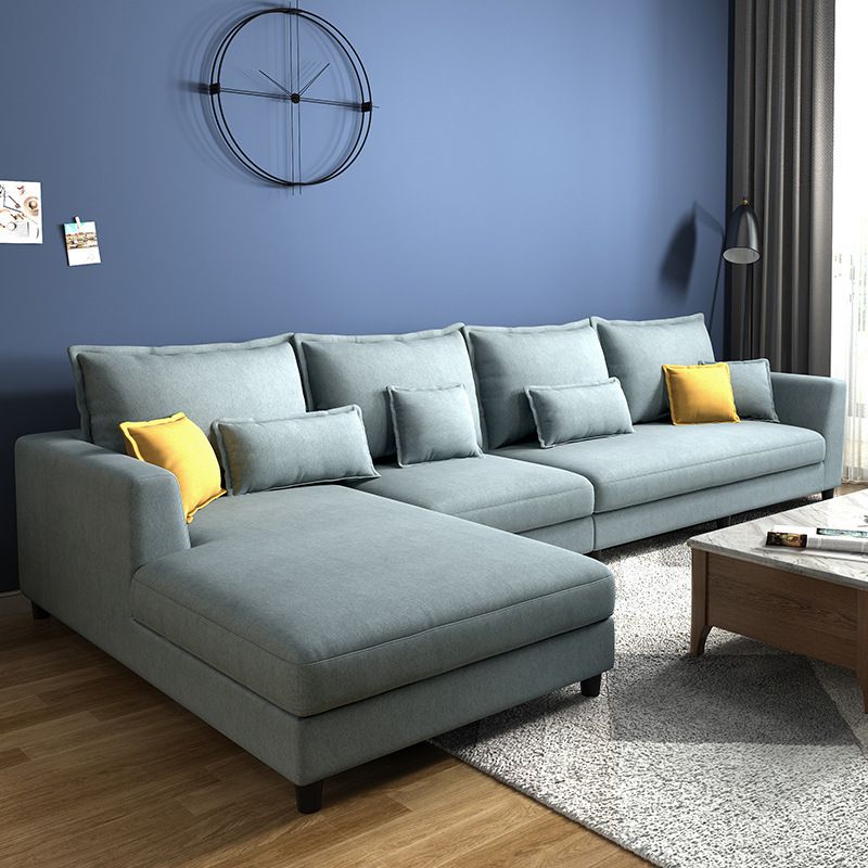 Blue Fabric Sectional with Pillows Modern Style L-shape Sectional Clearhalo 'furn' 'furn_sectionals' 'Furniture' 'Living Room Furniture' 'Sectionals' 1200x1200_83567267-1c5b-4f92-8bf9-4896ef7e6b70