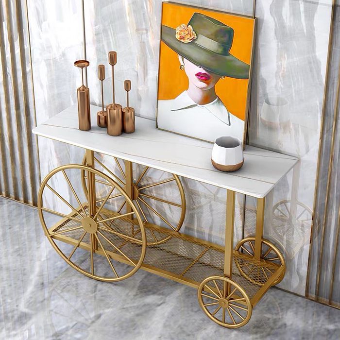 現代の鉄コンソールソファテーブル長方形の大理石のアクセントテーブルとホールの棚付き