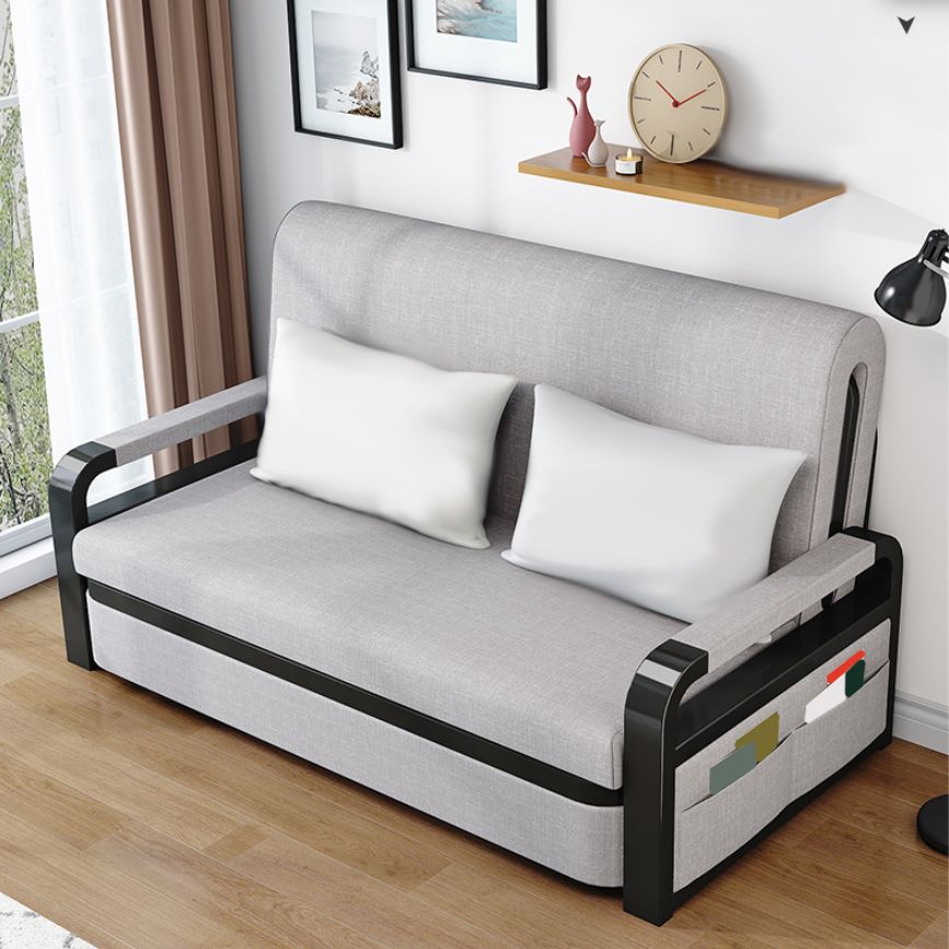 Tessuto moderno di divano futon con cuscino di stoccaggio posteriore braccia quadrata.