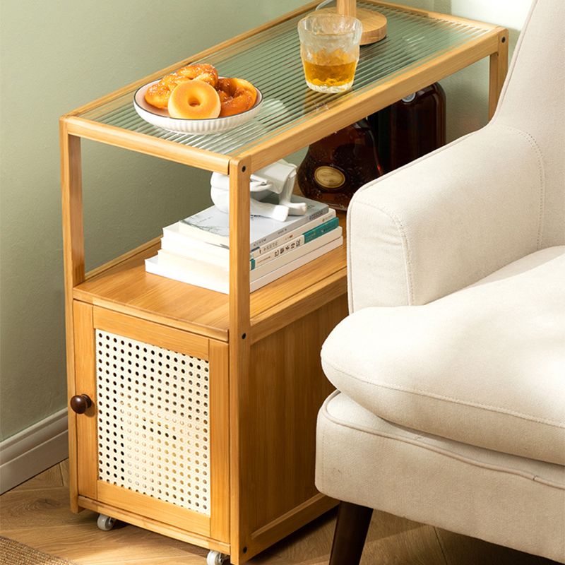 Asian Rectangular Side Table Glass Top End Table with Cabinet