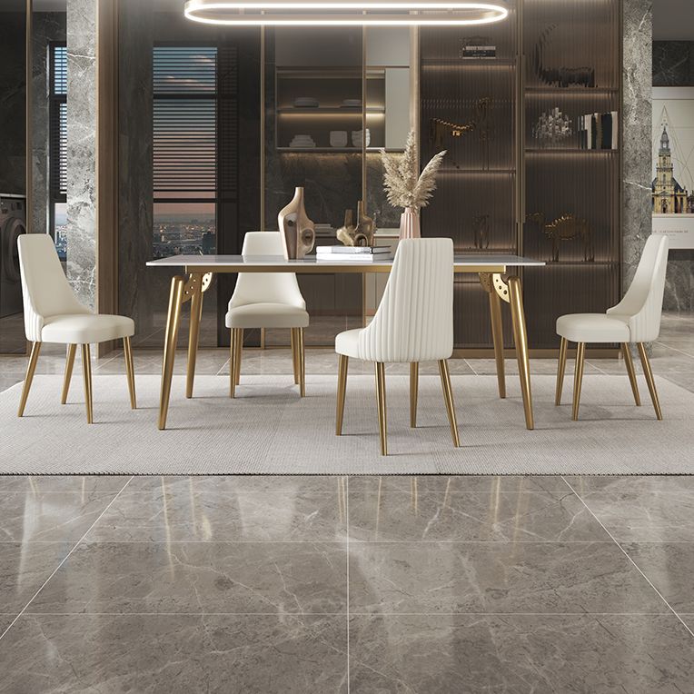 Luxury Sintered Stone Dining Table Rectangle White Table with Metal 4 Legs in Gold