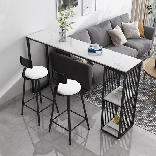 Modern Iron Bar Dining Table White Stone Top Rectangle Indoor Bistro Table with Shelf Clearhalo 'Bar Furniture' 'Bar Tables' 'bar_tables' 'furn' 'furn_bar_tables' 'Furniture' 'furniture_bar_tables' 'Kitchen & Dining Furniture' 1200x1200_83d31832-b205-4036-95aa-de21b353ea76