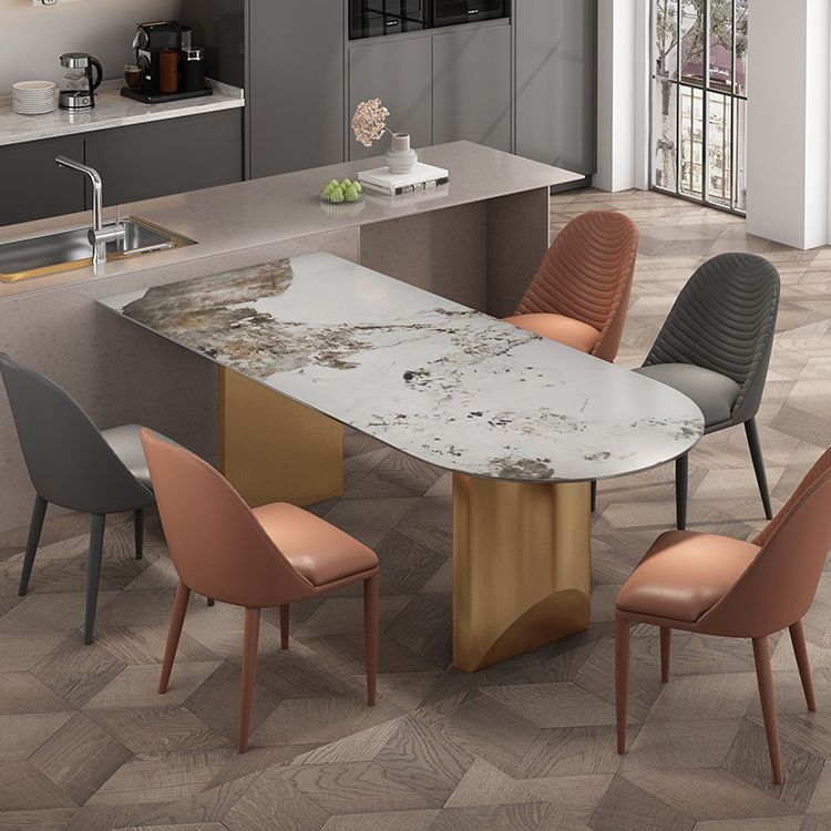 Modern Dining Table Stone Top Dining Table with Stainless Steel Double pedestal Base Clearhalo ' dining_table' 'Dining Tables & Seating' 'Dining Tables' 'furn' 'furn_dining_table' 'Furniture' 'furniture_dining_table' 'Kitchen & Dining Furniture' 'kitchen&dining_furn' 'kitchen' 'kitchen_dining_table' 1200x1200_83da9ba8-6223-4d1f-9fe1-f92d5c960f99