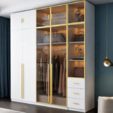 Modern Wood and Glass Wardrobe Freestanding Wardrobe with Soft Close Drawers and Doors