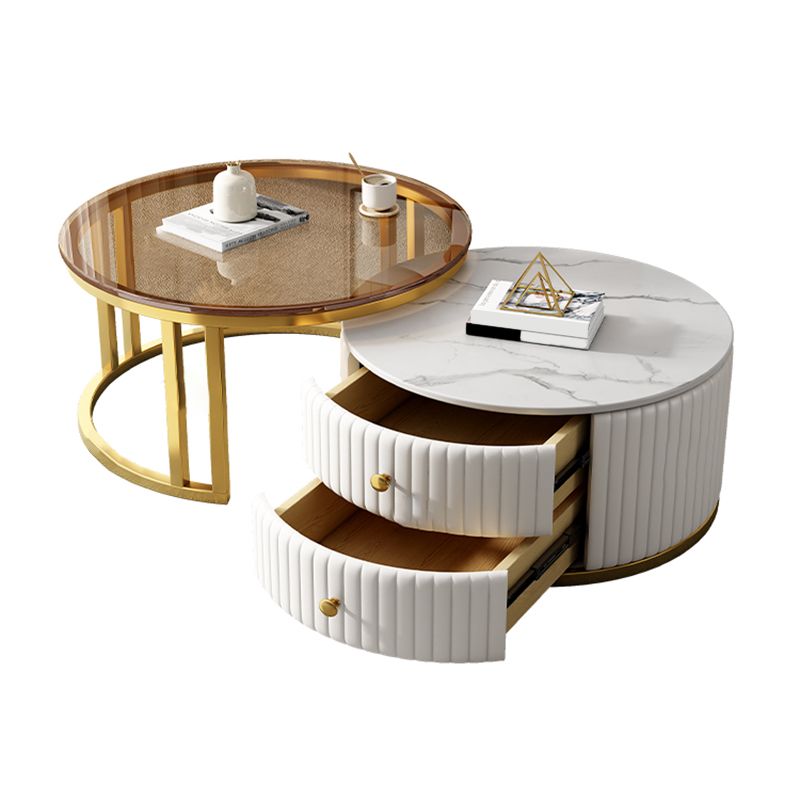Mesa de centro moderna para cóctel, mesa de centro redonda de cristal/pizarra con 2 cajones