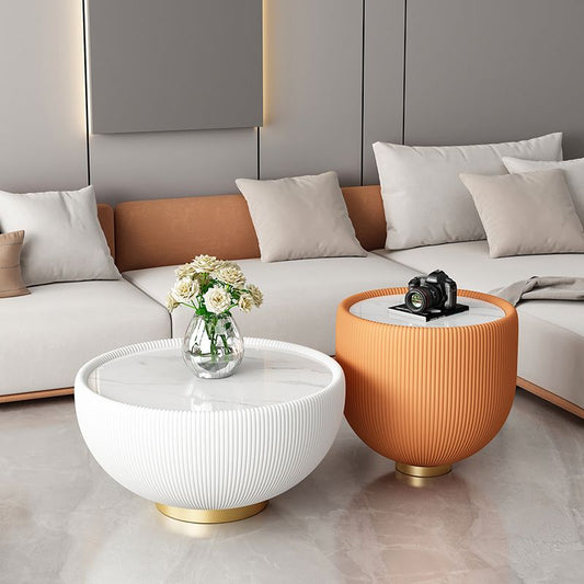 Square Block Base Cocktail Table Rock Plate Desktop Round Coffee Table with Metal Base