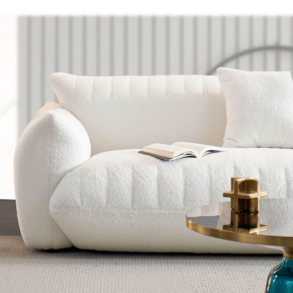 Modern 28.74" H Wool Recessed Arm Sofa in White for Living Room