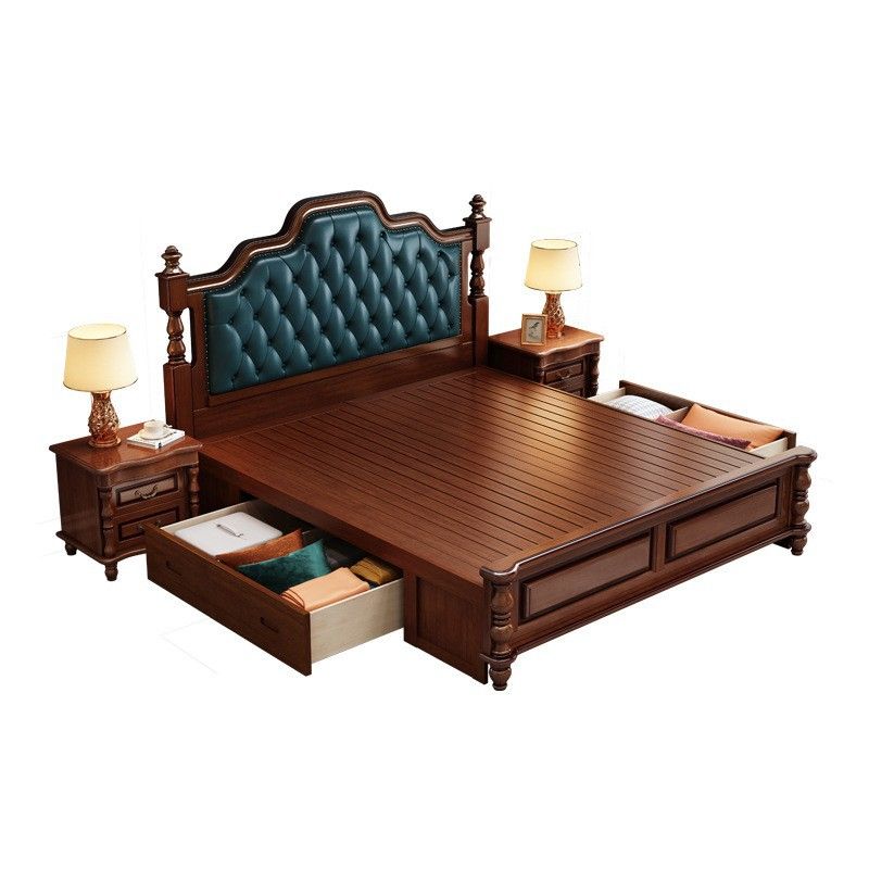 Victorian Espresso Standard Bed Solid Wood Bed Frame with Upholstered Headboard