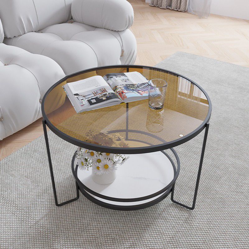 Round Cocktail Table Glass Top Single Coffee Table with Shelf Clearhalo 'Coffee & Accent Tables' 'Coffee Tables' 'coffee_tables' 'furn' 'furn_coffee_tables' 'Furniture' 'Living Room Furniture' 1200x1200_84827e1b-f8cf-4c85-9d29-8372d2abf8e4