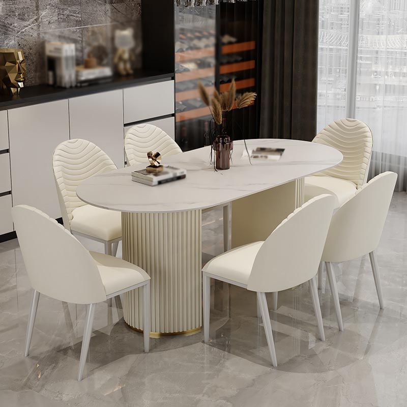 Contemporary Oval Dining Table Stone and Metal Double Pedestal Dining Table in White Clearhalo 'Dining Tables & Seating' 'Dining Tables' 'dining_table' 'furn' 'furn_dining_table' 'Furniture' 'furniture_dining_table' 'Kitchen & Dining Furniture' 1200x1200_8484ba27-3030-42da-9c51-da61ceb7eff0