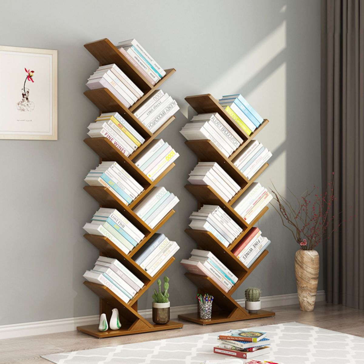Modern Bamboo Bookshelf Geometric Closed Back Vertical Bookcase Clearhalo 'Bookcases' 'furn' 'furn_bookcases' 'Furniture' 'Office Furniture' 1200x1200_84abd12e-06b7-4b55-a881-aacb588a68f7