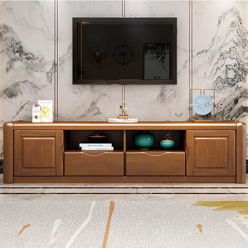 Soporte de madera moderno para TV, consola de almacenamiento abierto, soporte multimedia para TV con puertas para sala de estar