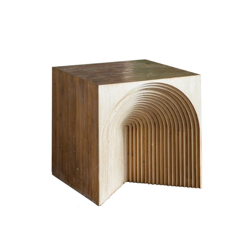 Solid Wood Drum End Table Rustic Engraved Design Accent Side Table