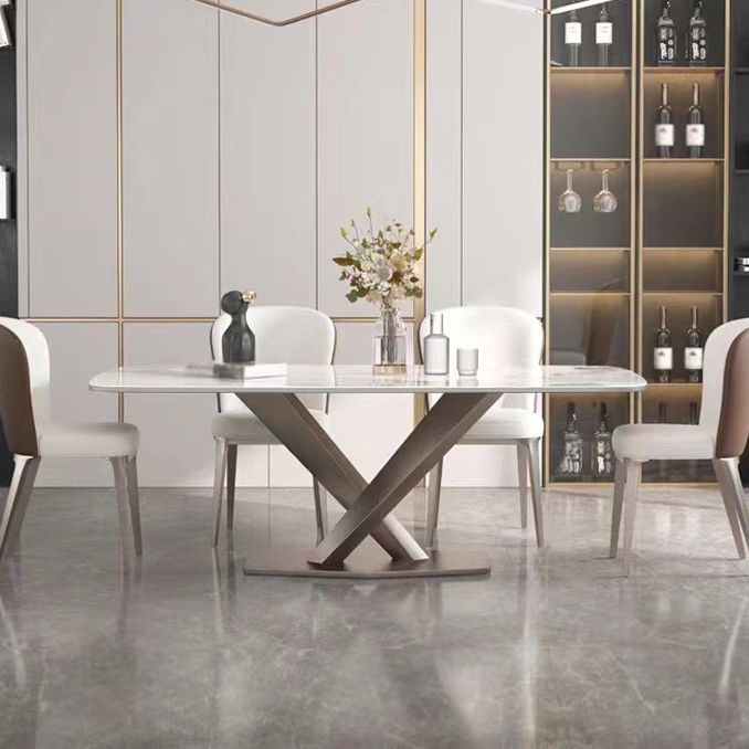 Metal Traditional Luxury Rectangle Table Sintered Stone Top Table with Pedestal