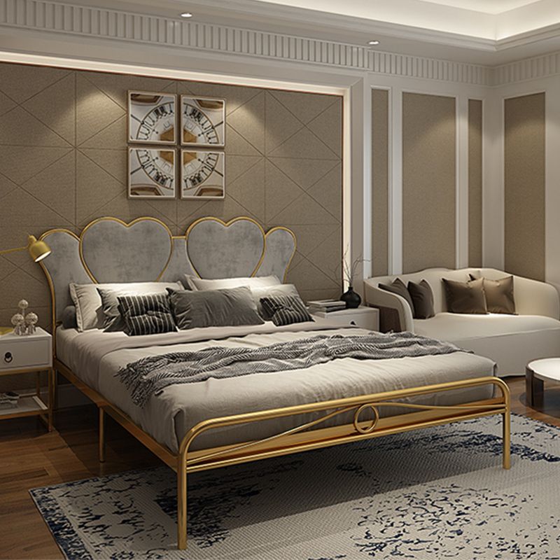 Metal Wire-Grid Bed Frame Upholstered Panel Bed with Heart-Shaped Headboard