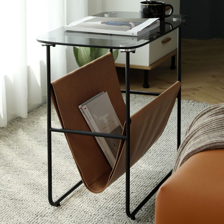 Modern Rectangle Glass Top Side Table 23.2" Tall Iron Sled Base End Table