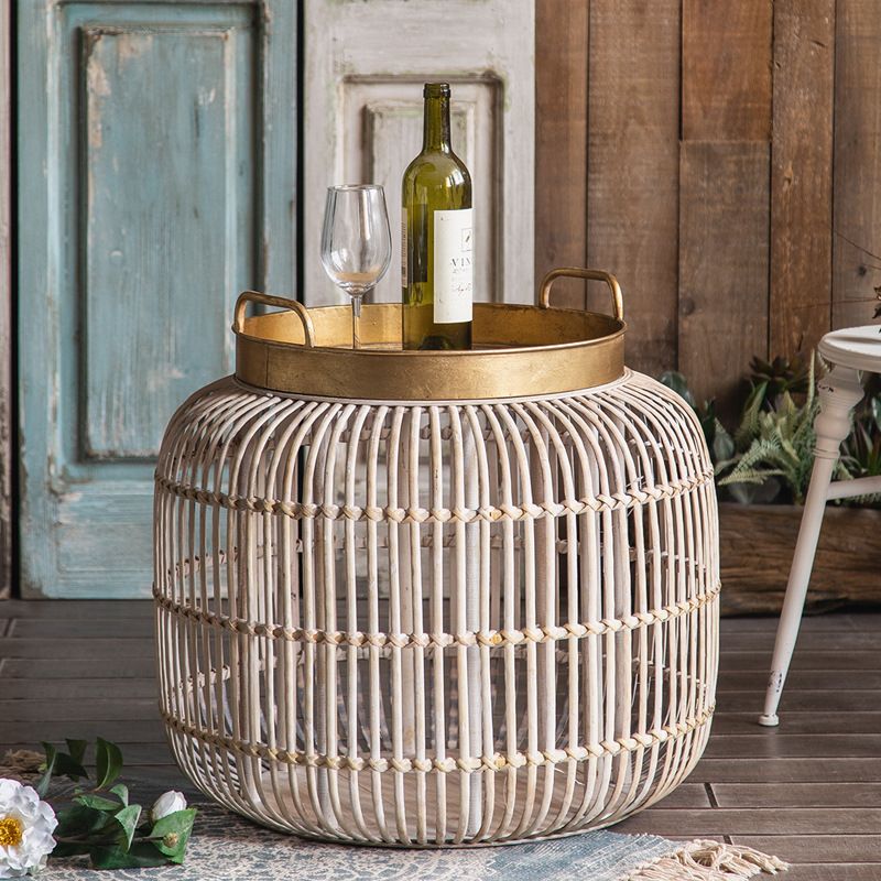 Tablett -Oberseite Akzenttisch Rustikales Metall und Rattan Drum Endtisch