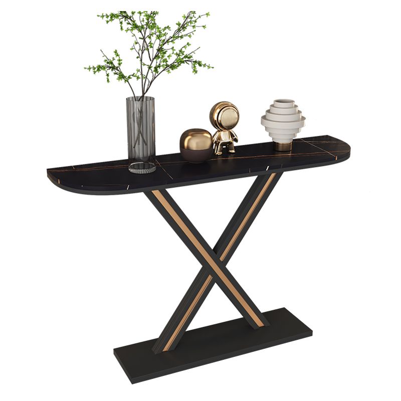 Half Moon Stone Top Accent Table with Black Iron Pedestal Base Clearhalo 'Console Tables' 'console_tables' 'Entry & Mudroom Furniture' 'furn' 'furn_console_tables' 'Furniture' 1200x1200_84f8fa1f-d6f4-4c0e-9e37-ef924d78f890
