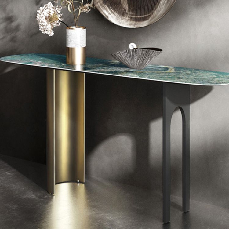 16 Inch Wide Glam Accent Table Oval Stone Console Table for Hall