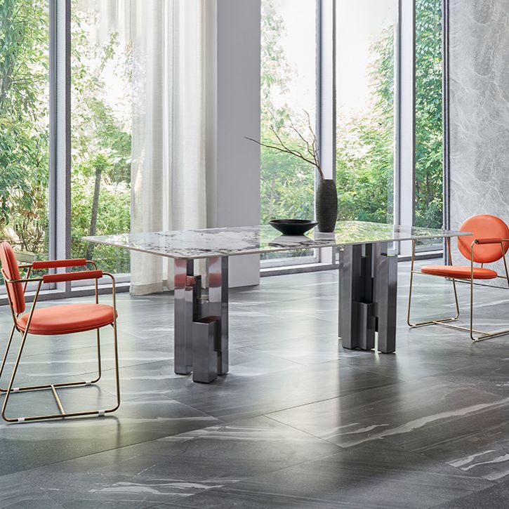 Modern Style Sintered Stone Dining Set with Grey Rectangle Shape Table and Double Pedestal Base Clearhalo 'Dining Room Sets' 'Dining Tables & Seating' 'dining_room_set' 'furn' 'furn_dining_room_set' 'Furniture' 'furniture_dining_room_set' 'Kitchen & Dining Furniture' 'kitchen&dining_furn' 'kitchen' 1200x1200_850b122a-bf5c-4880-b691-e04a0208f169