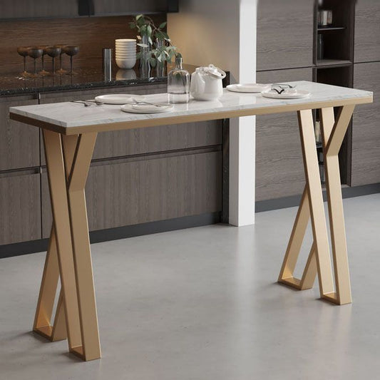 グラムゴールドダブルペデスタルバーダイニングテーブル長方形の石トップバーの高さテーブル