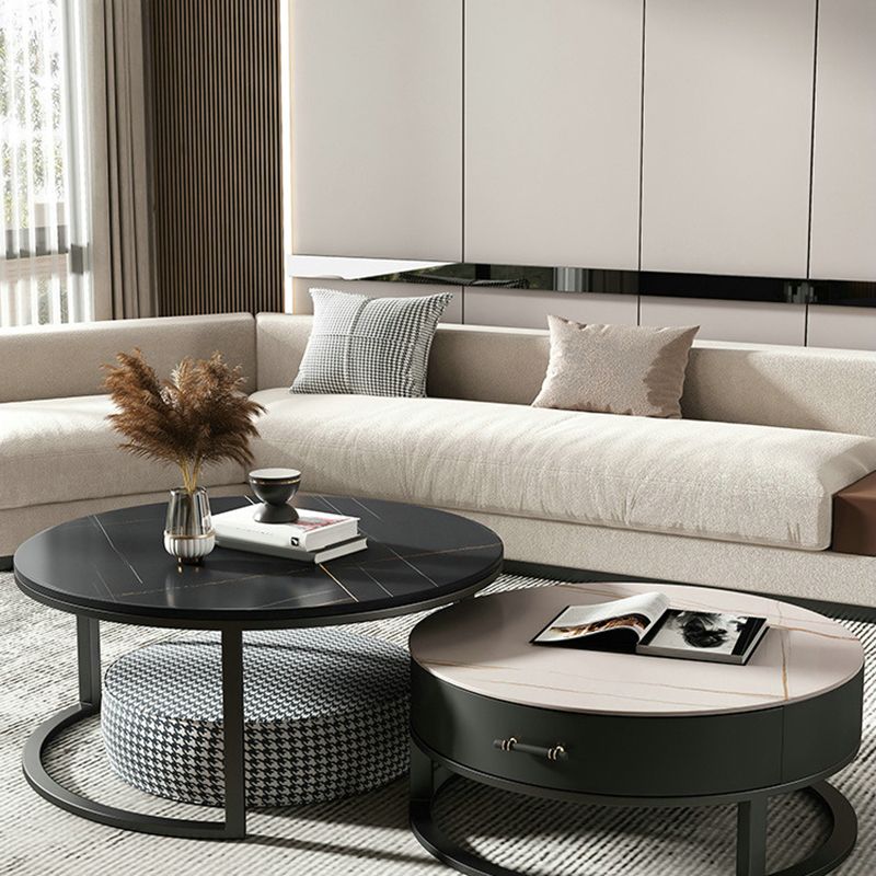 Round Slate Top Coffee Table Set Frame Cocktail Table with Storage Drawers Clearhalo 'Coffee & Accent Tables' 'Coffee Tables' 'coffee_tables' 'furn' 'furn_coffee_tables' 'Furniture' 'Living Room Furniture' 1200x1200_853d7b92-1170-4aa4-837b-1db688f5115d