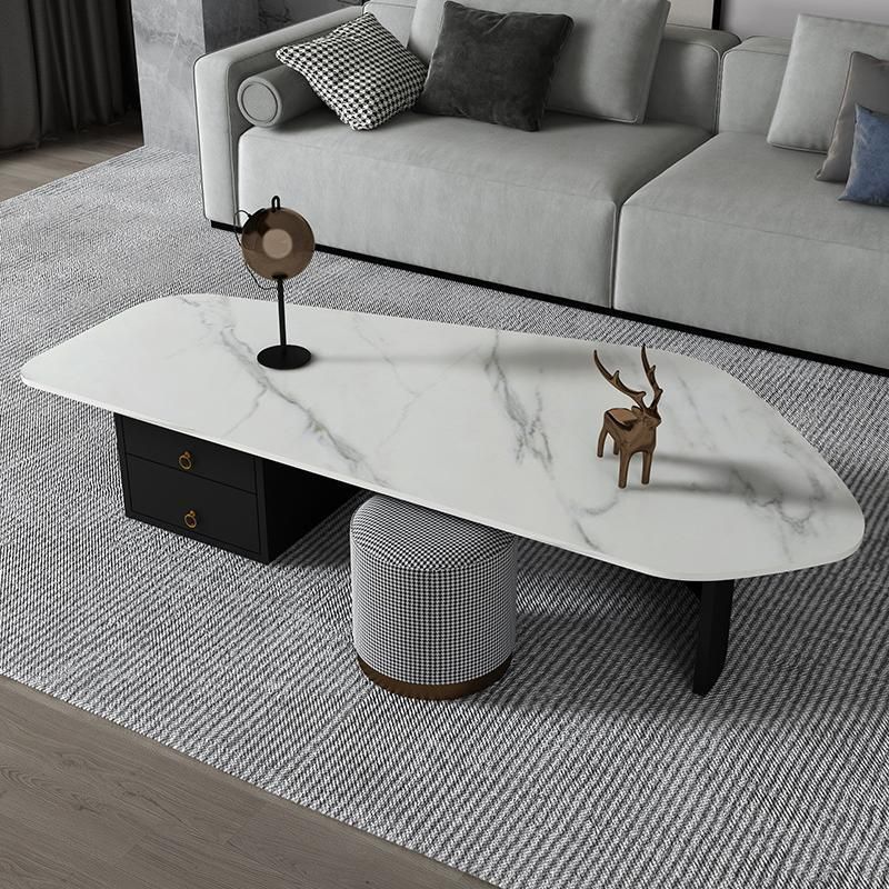 15.7 "H onregelmatige leisteen metalen frame salontafel met lade voor woonkamer