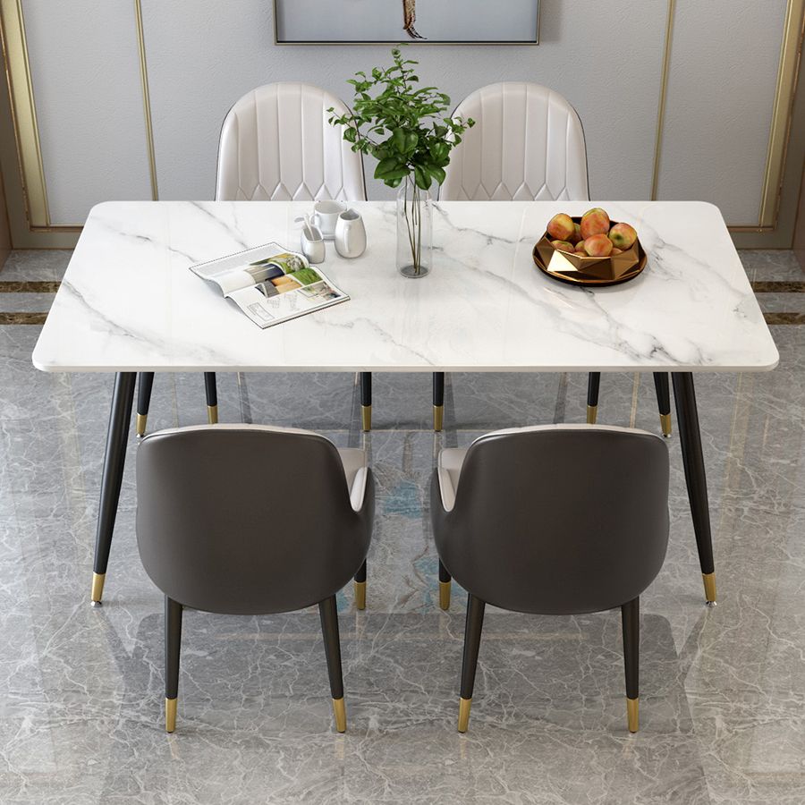 Glam Sintered Stone Kitchen Dining Table White Rectangle Shape Dining Table with 4 Legs Base Clearhalo ' dining_table' 'Dining Tables & Seating' 'Dining Tables' 'furn' 'furn_dining_table' 'Furniture' 'furniture_dining_table' 'Kitchen & Dining Furniture' 'kitchen&dining_furn' 'kitchen' 'kitchen_dining_table' 1200x1200_8544eebc-5587-40b9-8aa8-4a9f674517ae
