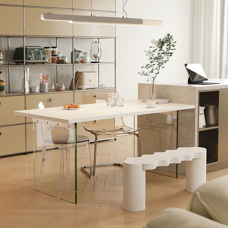 Rectangular Dining Table Modern Wood Tabletop with Acrylic Double Pedestal Base