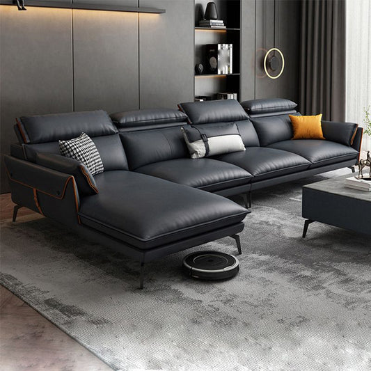 Glam Sofa Chaise Faux Leather Living Room Pillow Top Arm Sofa