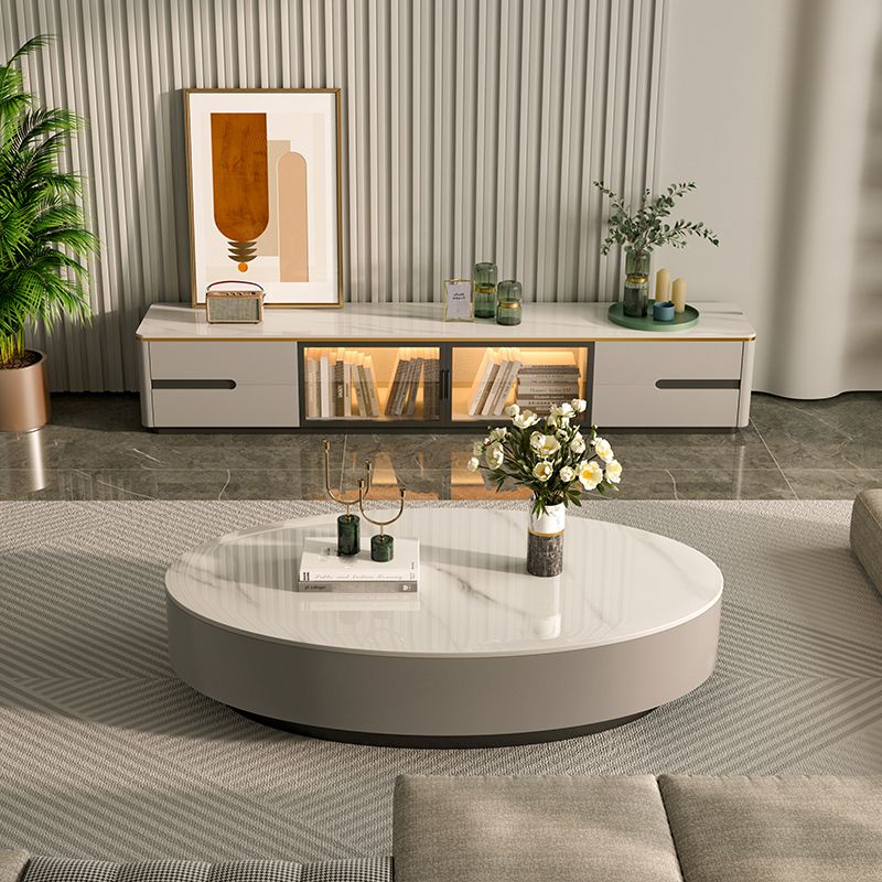 Glam 13.7" H Oval Slate Coffee Table Iron Drum Cocktail Table with Drawer Clearhalo 'Coffee & Accent Tables' 'Coffee Tables' 'coffee_tables' 'furn' 'furn_coffee_tables' 'Furniture' 'Living Room Furniture' 1200x1200_8580d01b-6a09-48dd-87cd-8dd4565db1e2