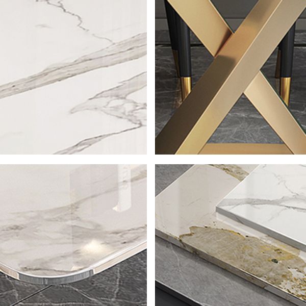 Mesa de comedor rectangular de piedra Glam, mesa con pedestal dorado para comedor