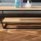 Mesa de centro de madera moderna de 19,68" de alto, mesa de cóctel con trineo de acero y estante
