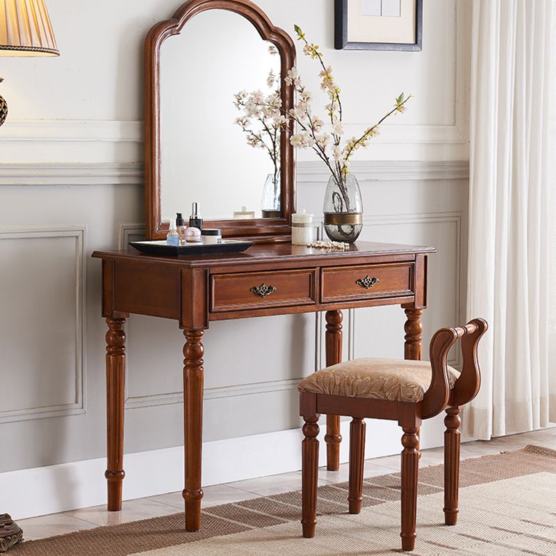 Bureau de vanité en bois massif, 2 tiroirs avec miroir et tabouret rembourré, 29,92 "H