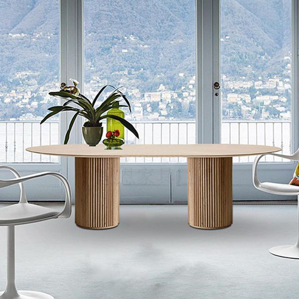 Modern Pine Wood Table for Restaurant Oval Dining Table with Double Pedestal Base Clearhalo 'Dining Tables & Seating' 'Dining Tables' 'dining_table' 'furn' 'furn_dining_table' 'Furniture' 'furniture_dining_table' 'Kitchen & Dining Furniture' 'kitchen' 'kitchen_dining_table' 1200x1200_85d5a16d-7151-48a6-b0d0-84c56c6dcc6b