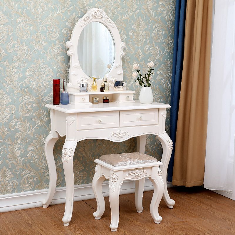 Victorian Mirrored Makeup Dressing Table Wood Stool Set in White Clearhalo 'Bedroom Furniture' 'furn' 'furn_makeup_vanities' 'Furniture' 'Makeup Vanities' 'makeup_vanities' 1200x1200_86106e35-8f40-43d3-aae5-1a93e8b8ae4c