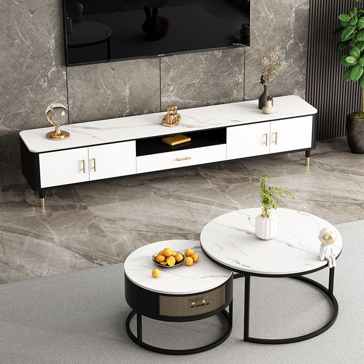 Glam Style TV Stand White Colour Stone TV Console with Open Storage Clearhalo 'furn' 'furn_tv_stands_entertainment_centers' 'Furniture' 'Living Room Furniture' 'TV Stands & Entertainment Centers' 'TV Stands & Media Storage Furniture' 'tv_stands_entertainment_centers' 1200x1200_86111c6f-0ea3-4dfe-879a-8b0f333b8888