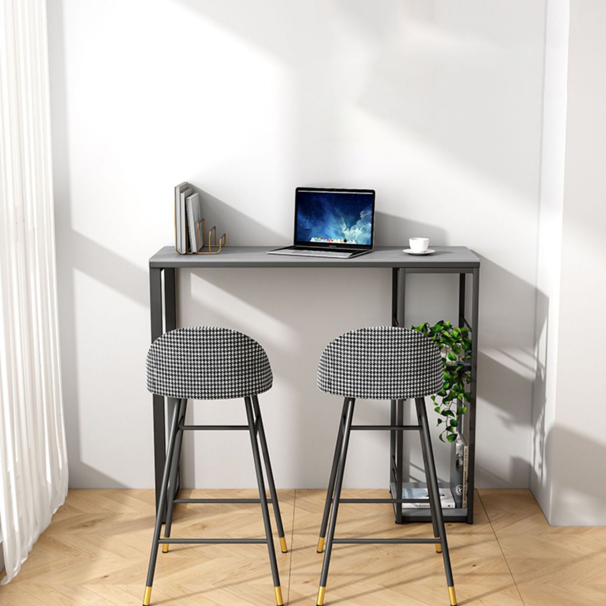Industrial Rectangle Stone Pub Bar Table Indoor Black Iron Bar Dining Table with Shelf Clearhalo 'Bar Furniture' 'Bar Tables' 'bar_tables' 'furn' 'furn_bar_tables' 'Furniture' 'furniture_bar_tables' 'Kitchen & Dining Furniture' 1200x1200_86112481-11ab-4b34-b56c-dc90270b0d8d
