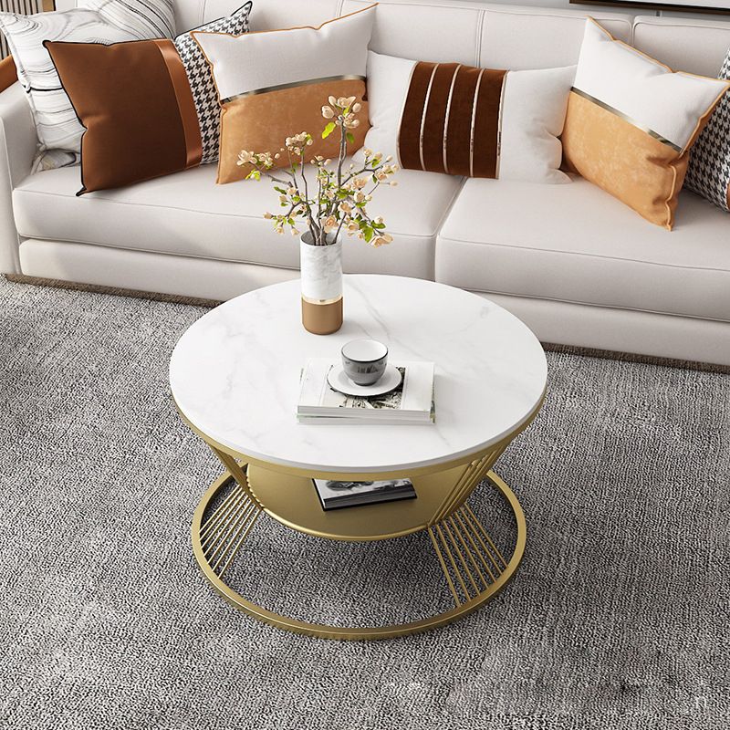 Glam Round Stone Top Coffee Table with Steel Shelf and Frame Base Clearhalo 'Coffee & Accent Tables' 'Coffee Tables' 'coffee_tables' 'furn' 'furn_coffee_tables' 'Furniture' 'Living Room Furniture' 1200x1200_862723e2-62c8-4a4b-adb9-581260c89803