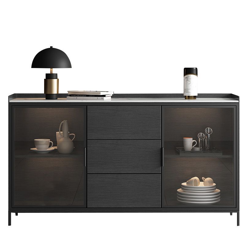 Soggiorno moderno server da pranzo in pietra e porte di vetro in legno