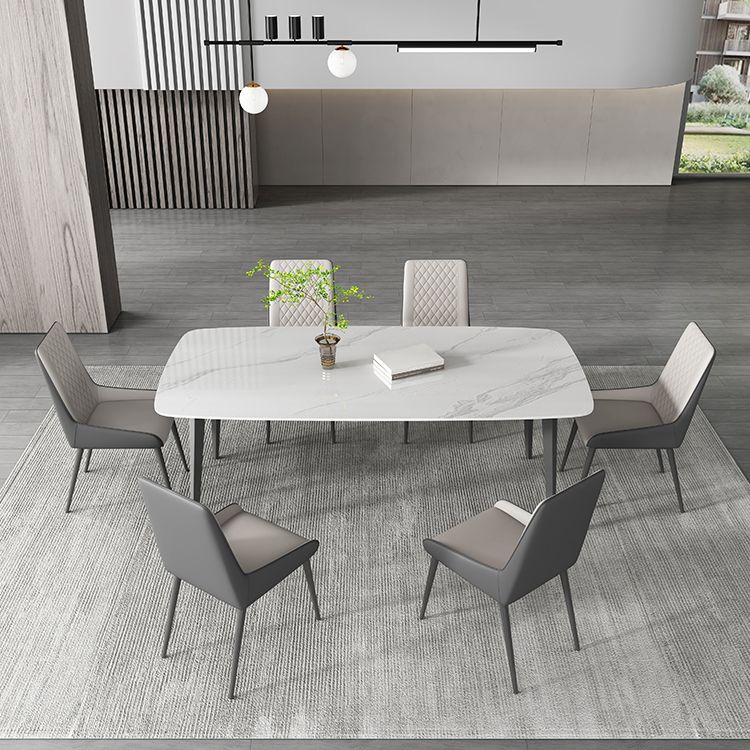 Contemporary White Rectangular Stone Dining Table with 4 Steel Foot Clearhalo 'Dining Tables & Seating' 'Dining Tables' 'dining_table' 'furn' 'furn_dining_table' 'Furniture' 'Kitchen & Dining Furniture' 1200x1200_8652eb1f-f04a-4156-9d05-eb67031fb6a3