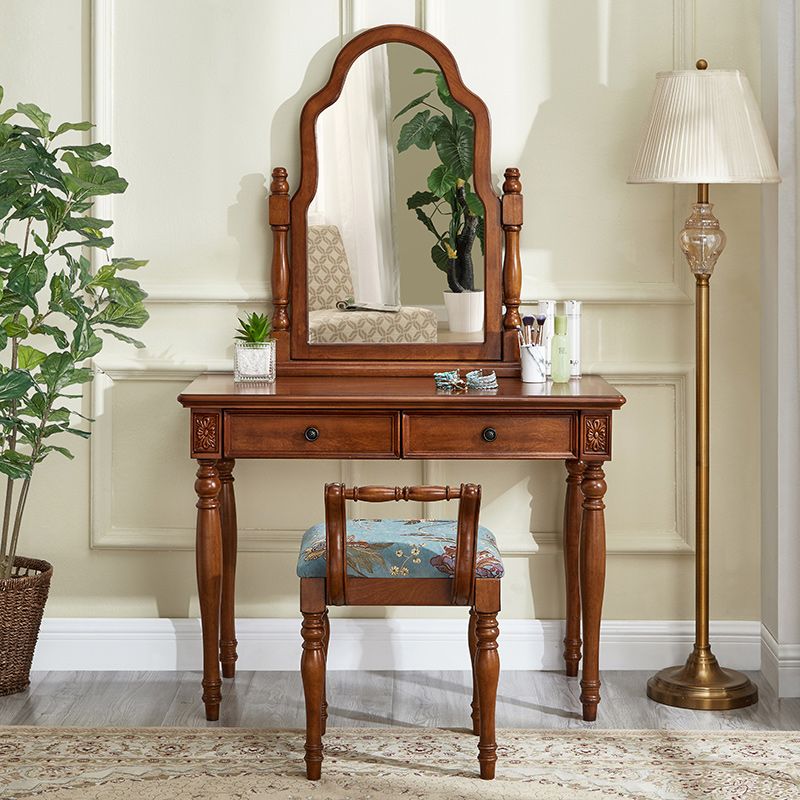 Traditional 2 Drawers Wood Mirrored Makeup Table Desk Vanity in Brown Clearhalo 'Bedroom Furniture' 'furn' 'furn_makeup_vanities' 'Furniture' 'Makeup Vanities' 'makeup_vanities' 1200x1200_86586e83-093d-4ae6-8460-6f0fd5bdfd44