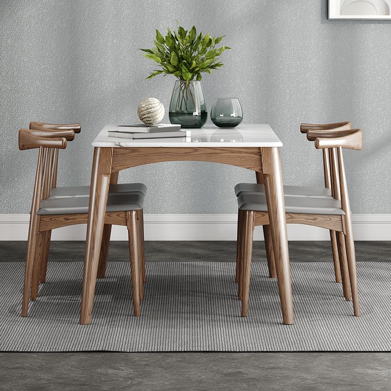 Mid-Century Modern Dining Table Stone Top Table with 4 Wood Legs