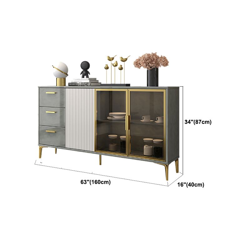 Contemporary Gray Sideboard Wood Buffet Server with Glass Doors